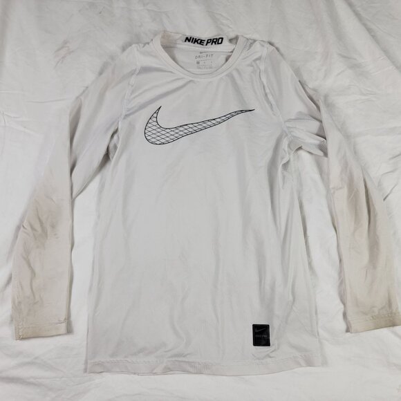 Nike Pro Dri Fit Long Sleeve Compression Shirt Medium White Athletic Gym Workout - Picture 1 of 8